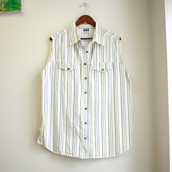 Honors Green and Blue Striped Sleeveless Denim Collar Button-up Plus Size 40/20W - Picture 1 of 6